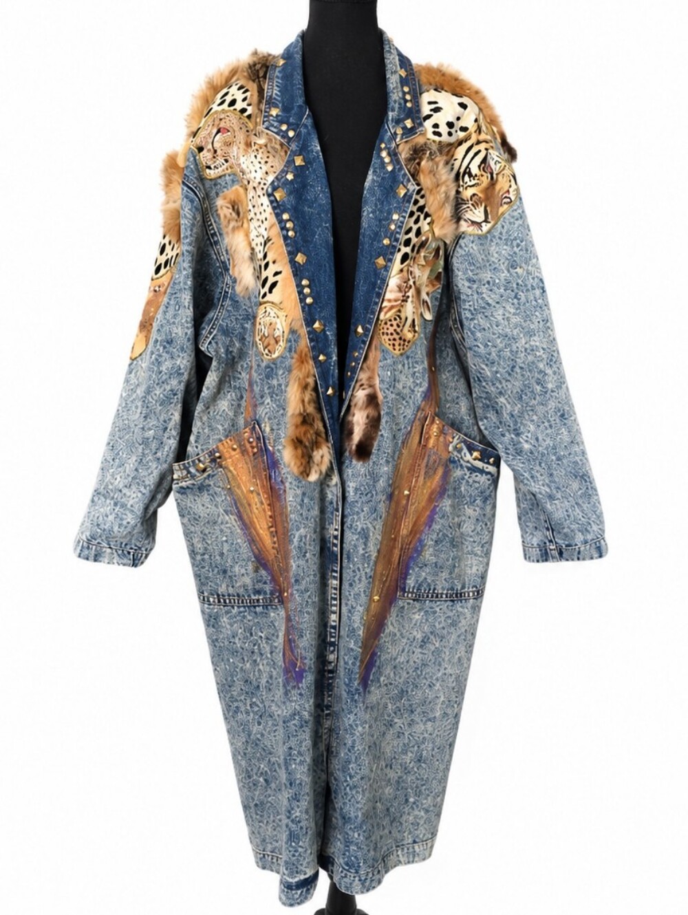 Vintage Charlie Casuals 1980s Denim Safari Animal Painted Fur Coat - L